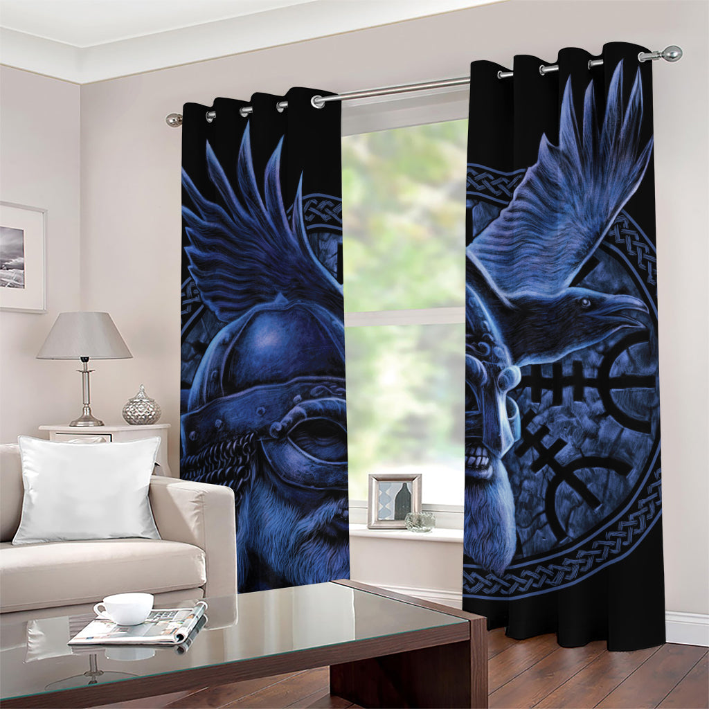 Blue Viking God Odin And Crow Print Grommet Curtains