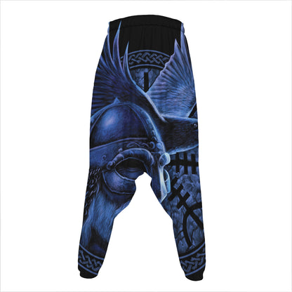Blue Viking God Odin And Crow Print Hammer Pants