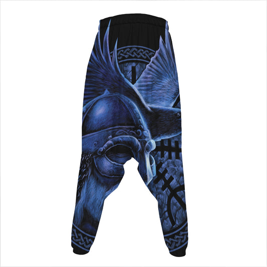Blue Viking God Odin And Crow Print Hammer Pants