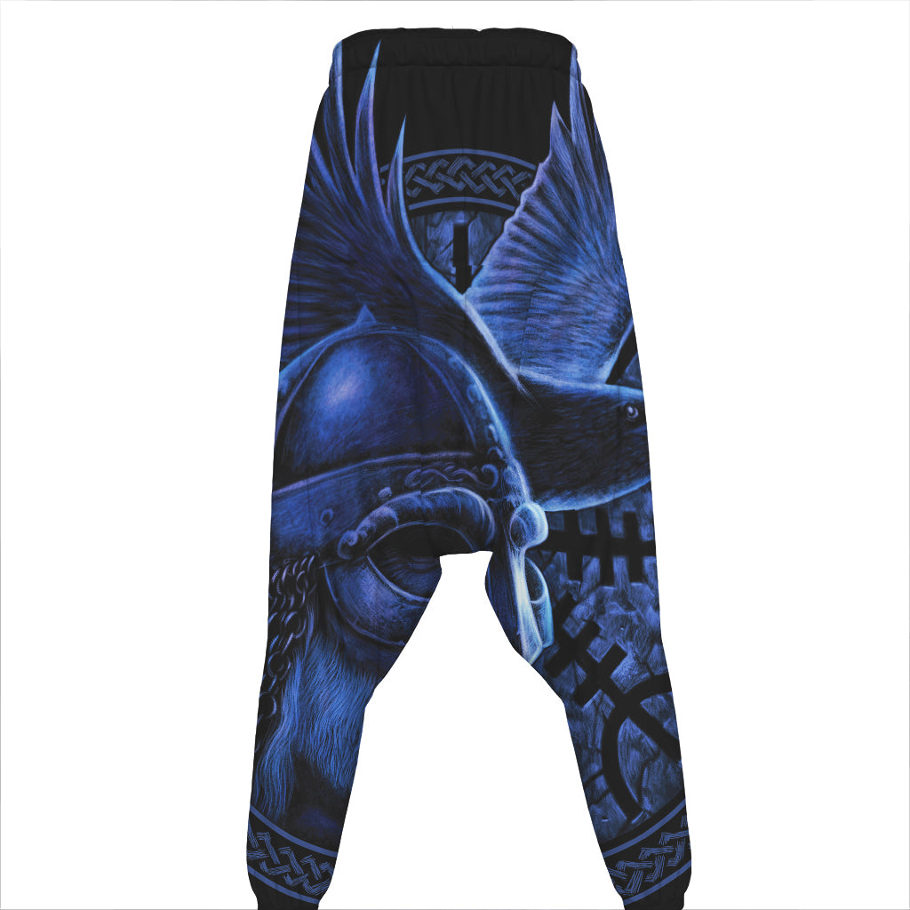 Blue Viking God Odin And Crow Print Hammer Pants
