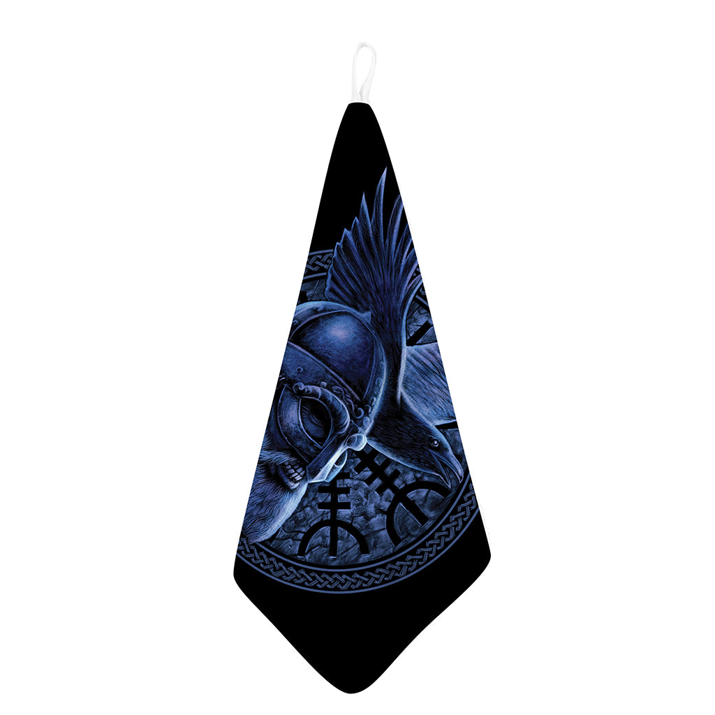 Blue Viking God Odin And Crow Print Hand Towel