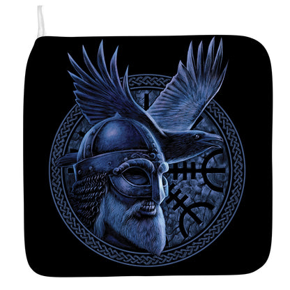 Blue Viking God Odin And Crow Print Hand Towel