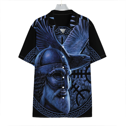 Blue Viking God Odin And Crow Print Hawaiian Shirt
