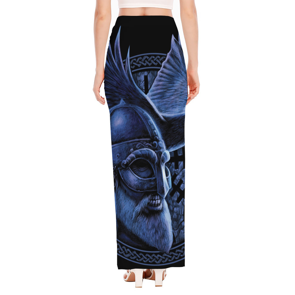 Blue Viking God Odin And Crow Print High Slit Maxi Skirt