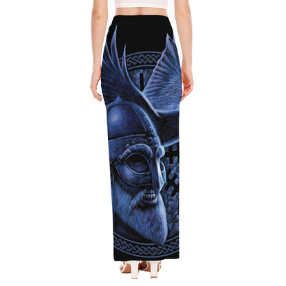 Blue Viking God Odin And Crow Print High Slit Maxi Skirt