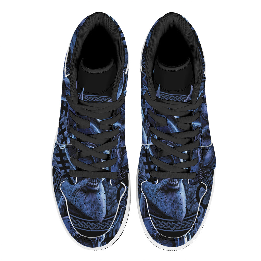 Blue Viking God Odin And Crow Print High Top Leather Sneakers