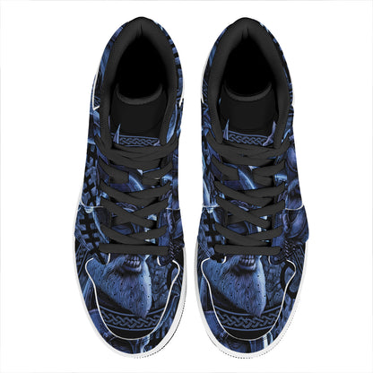 Blue Viking God Odin And Crow Print High Top Leather Sneakers