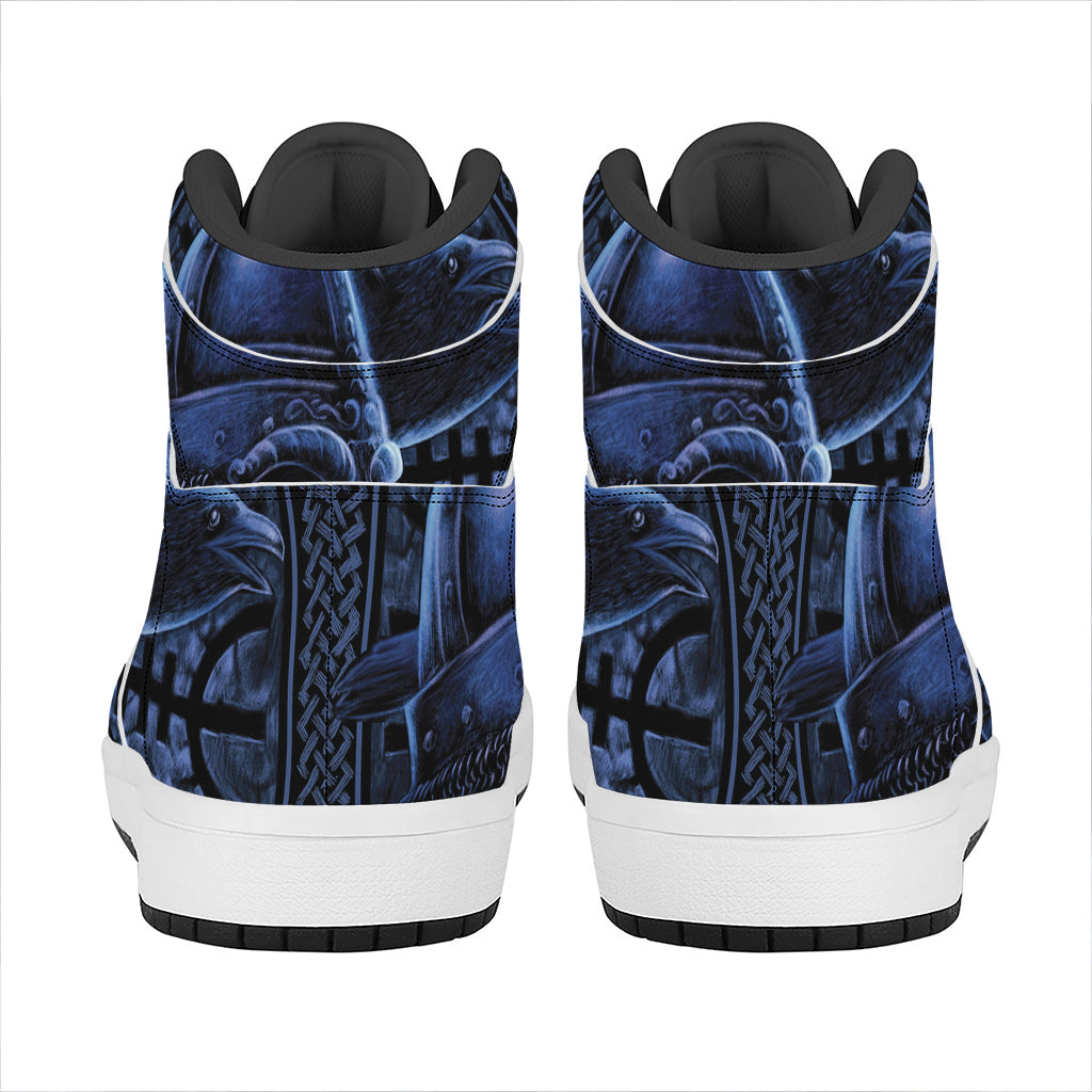 Blue Viking God Odin And Crow Print High Top Leather Sneakers