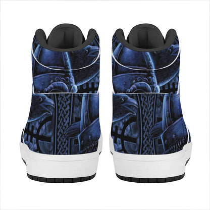 Blue Viking God Odin And Crow Print High Top Leather Sneakers