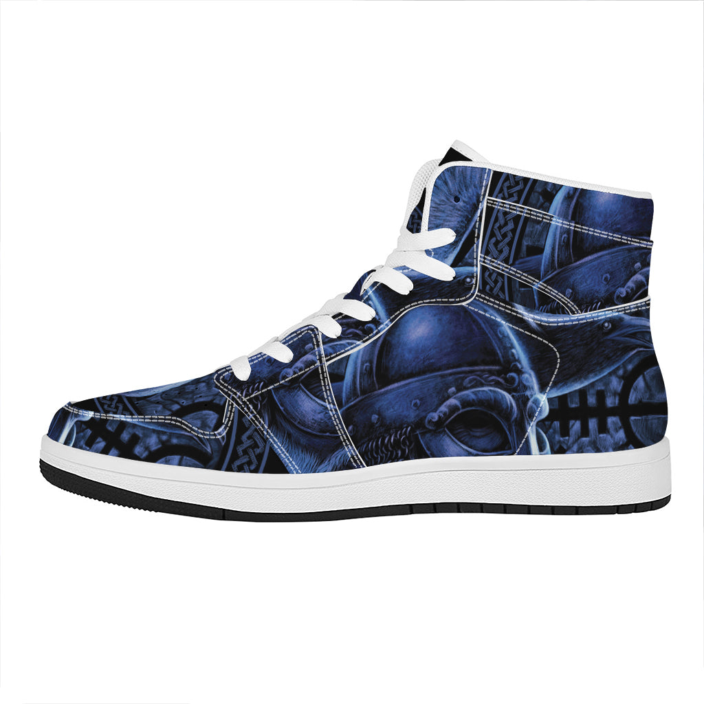 Blue Viking God Odin And Crow Print High Top Leather Sneakers
