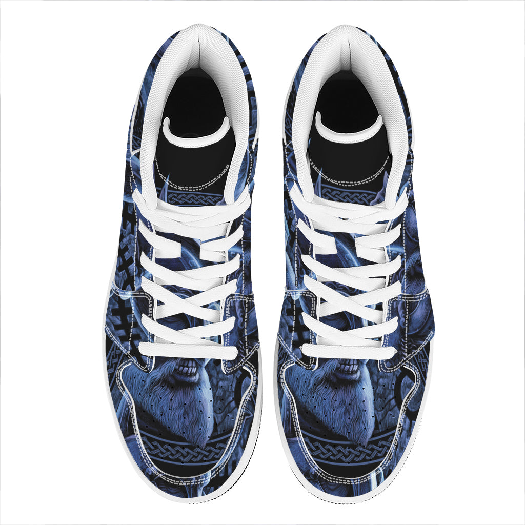 Blue Viking God Odin And Crow Print High Top Leather Sneakers