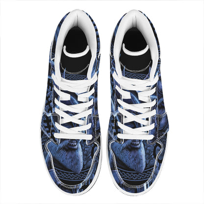 Blue Viking God Odin And Crow Print High Top Leather Sneakers