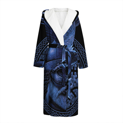 Blue Viking God Odin And Crow Print Hooded Bathrobe