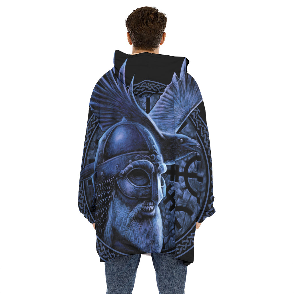 Blue Viking God Odin And Crow Print Hoodie Blanket