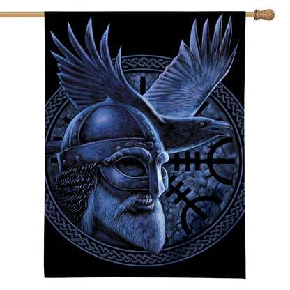 Blue Viking God Odin And Crow Print House Flag