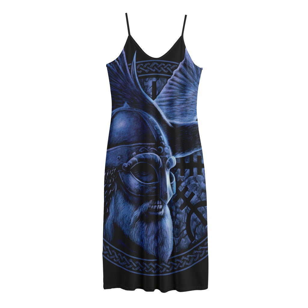 Blue Viking God Odin And Crow Print Jersey Midi Cami Dress