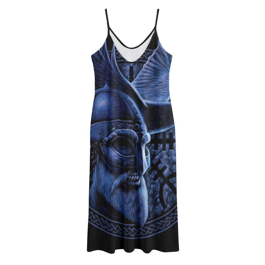 Blue Viking God Odin And Crow Print Jersey Midi Cami Dress
