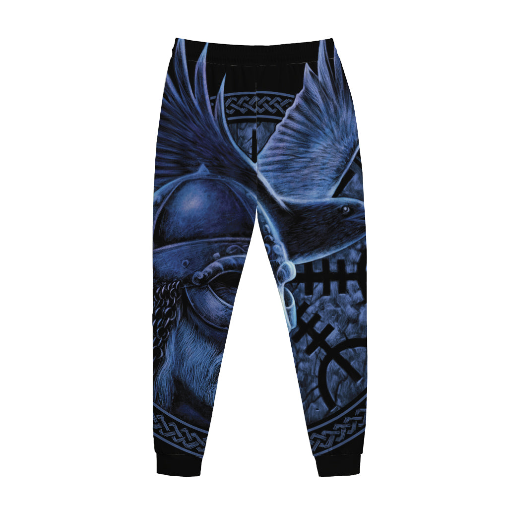 Blue Viking God Odin And Crow Print Jogger Pants