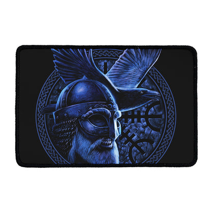 Blue Viking God Odin And Crow Print Kitchen Mat