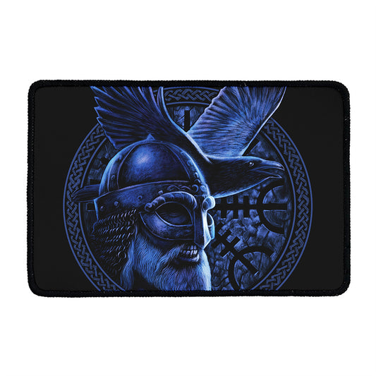 Blue Viking God Odin And Crow Print Kitchen Mat