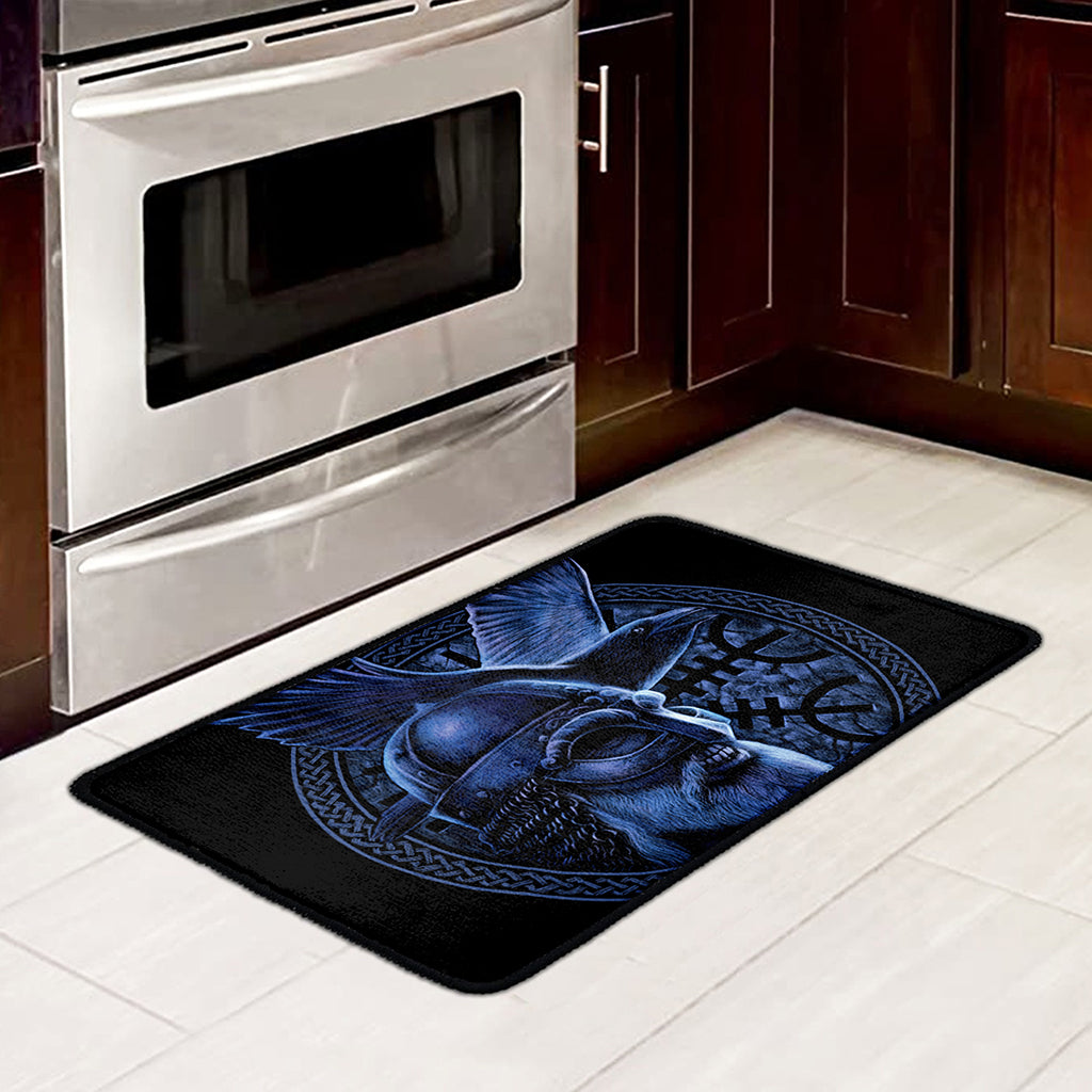 Blue Viking God Odin And Crow Print Kitchen Mat