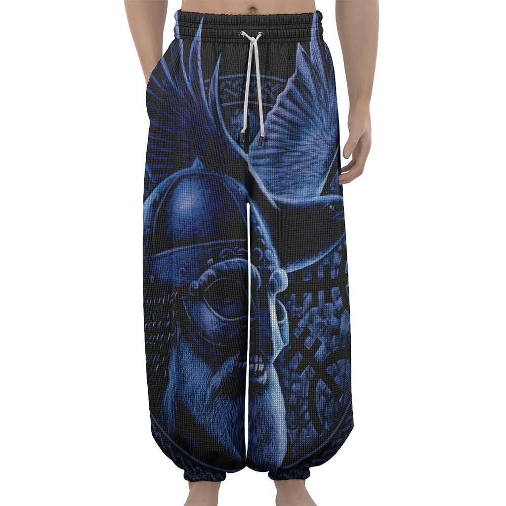Blue Viking God Odin And Crow Print Lantern Pants