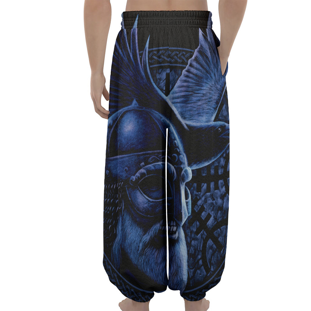 Blue Viking God Odin And Crow Print Lantern Pants