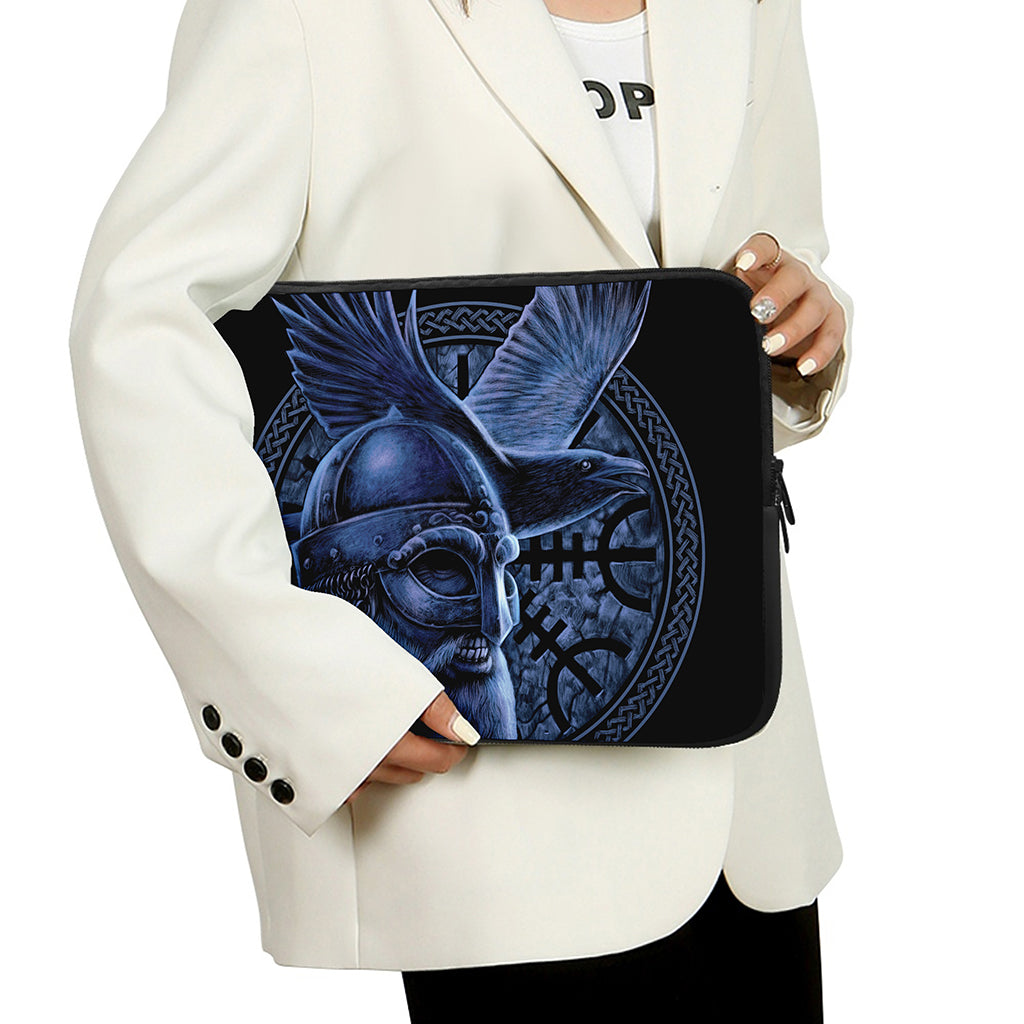 Blue Viking God Odin And Crow Print Laptop Sleeve