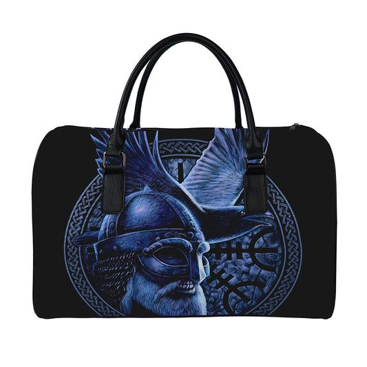 Blue Viking God Odin And Crow Print Leather Duffle Bag