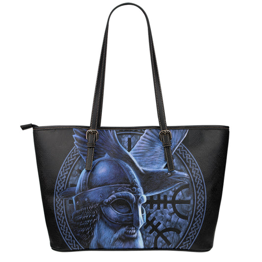 Blue Viking God Odin And Crow Print Leather Tote Bag