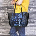 Blue Viking God Odin And Crow Print Leather Tote Bag