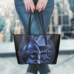 Blue Viking God Odin And Crow Print Leather Tote Bag