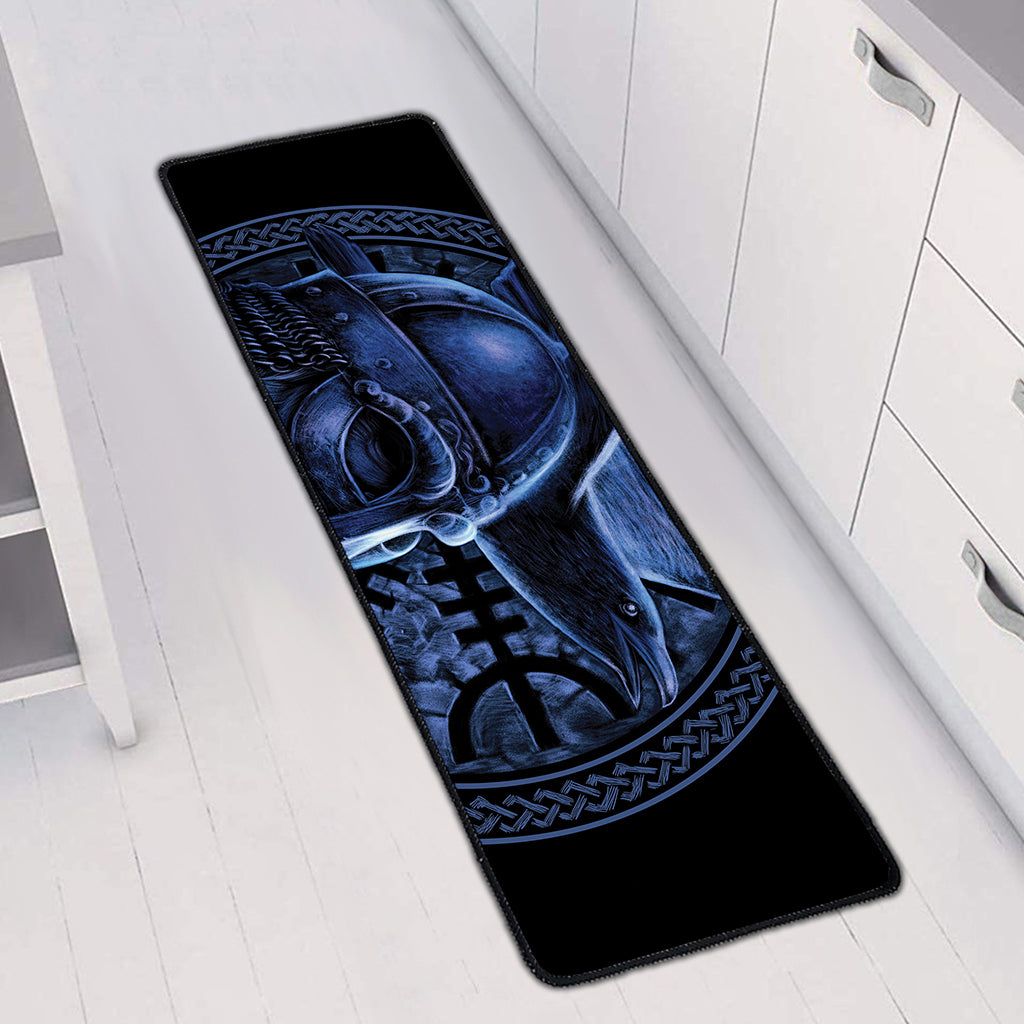 Blue Viking God Odin And Crow Print Long Kitchen Mat