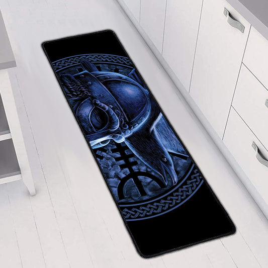 Blue Viking God Odin And Crow Print Long Kitchen Mat
