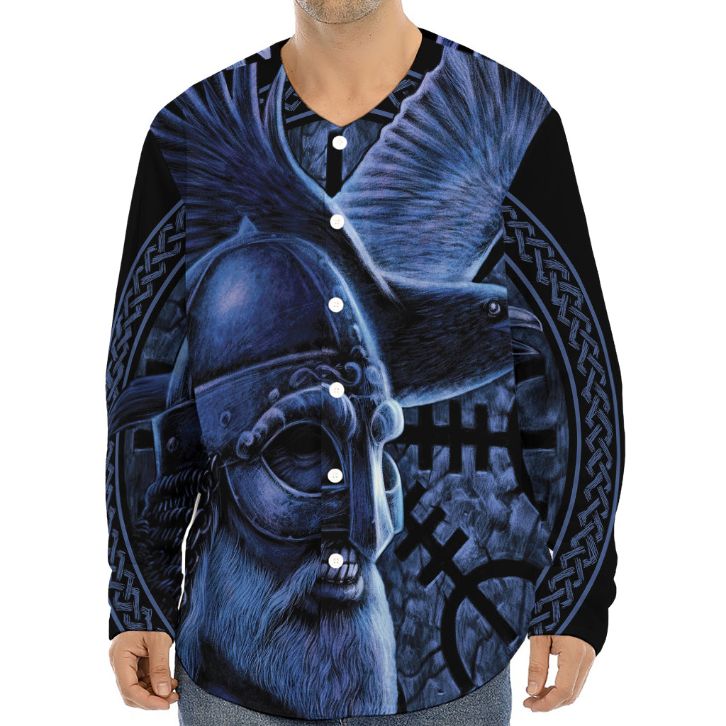 Blue Viking God Odin And Crow Print Long Sleeve Baseball Jersey