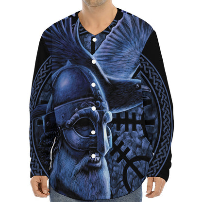 Blue Viking God Odin And Crow Print Long Sleeve Baseball Jersey