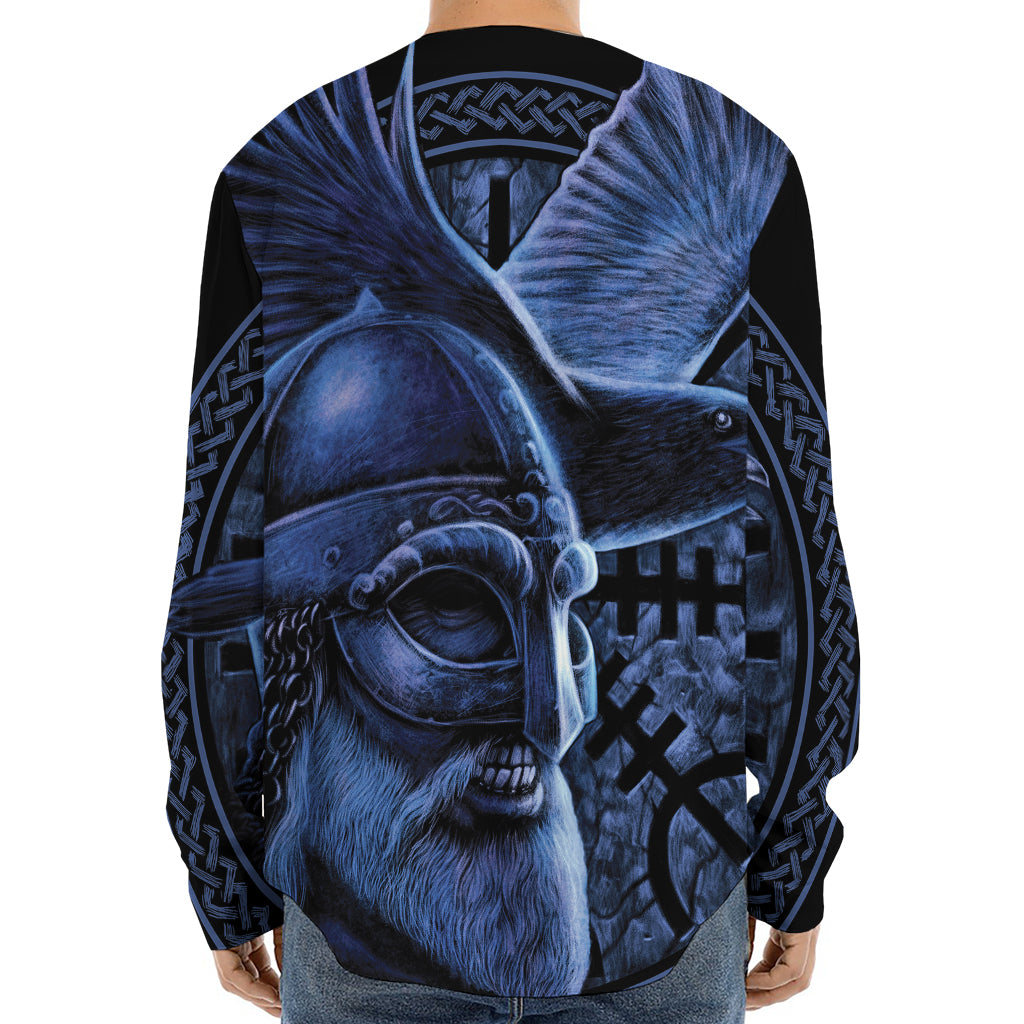 Blue Viking God Odin And Crow Print Long Sleeve Baseball Jersey
