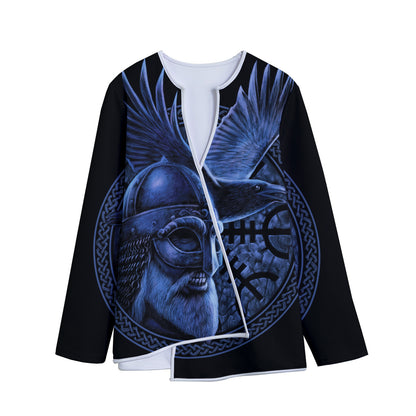 Blue Viking God Odin And Crow Print Long Sleeve Short Coat