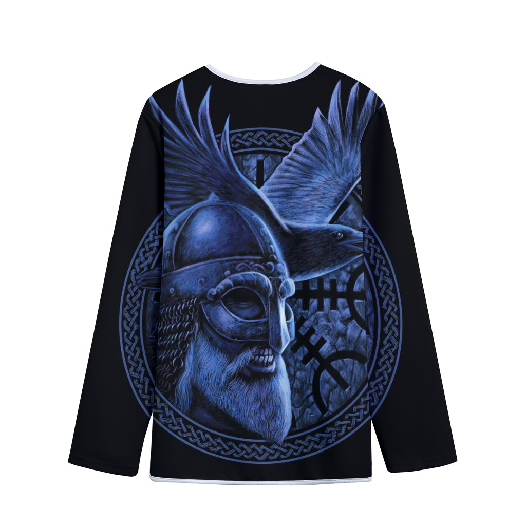 Blue Viking God Odin And Crow Print Long Sleeve Short Coat