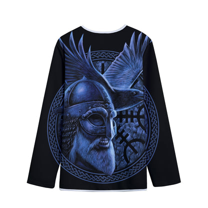 Blue Viking God Odin And Crow Print Long Sleeve Short Coat