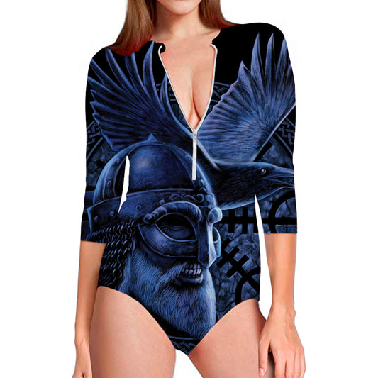 Blue Viking God Odin And Crow Print Long Sleeve Swimsuit