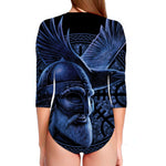 Blue Viking God Odin And Crow Print Long Sleeve Swimsuit