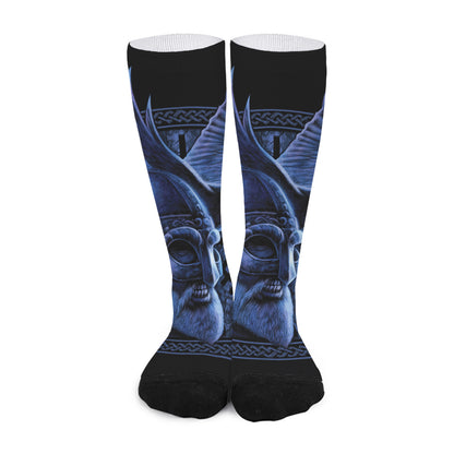 Blue Viking God Odin And Crow Print Long Socks