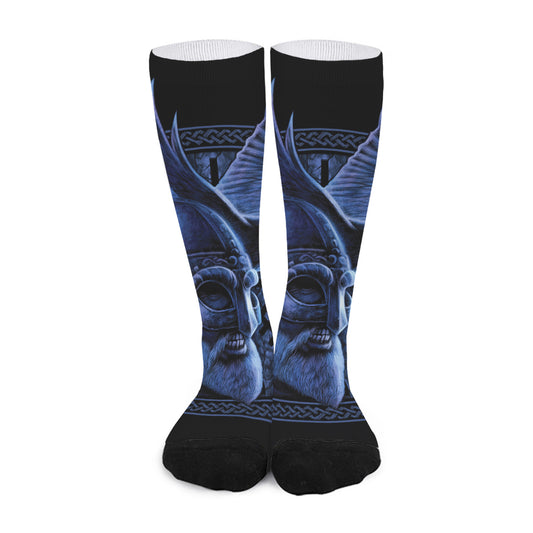 Blue Viking God Odin And Crow Print Long Socks