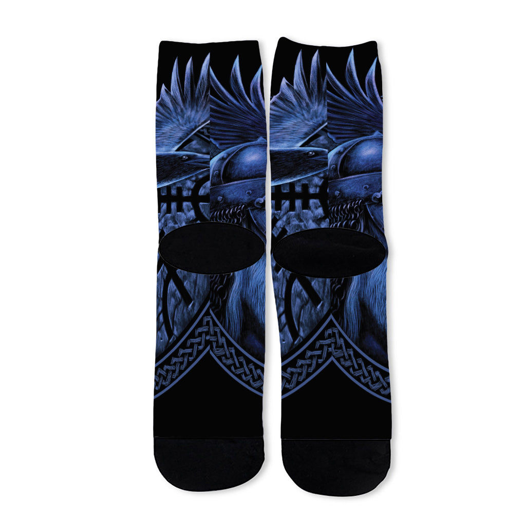Blue Viking God Odin And Crow Print Long Socks