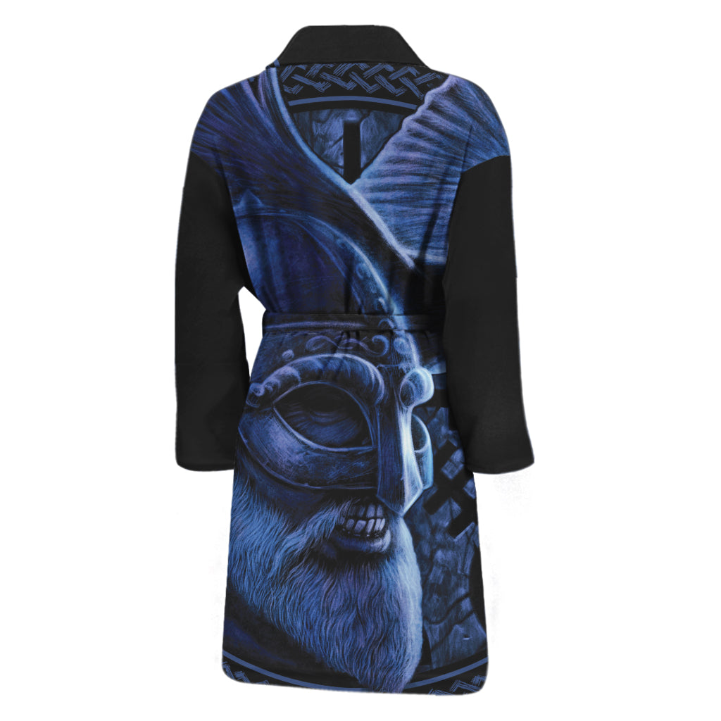 Blue Viking God Odin And Crow Print Men's Bathrobe