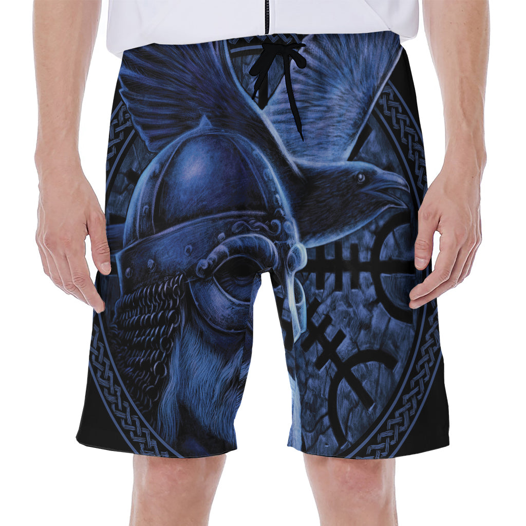 Blue Viking God Odin And Crow Print Men's Beach Shorts