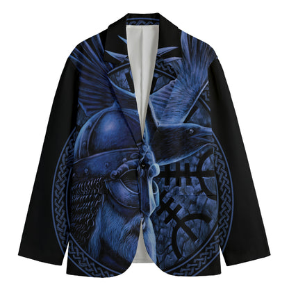 Blue Viking God Odin And Crow Print Men's Blazer