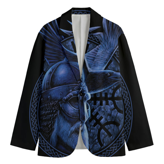 Blue Viking God Odin And Crow Print Men's Blazer