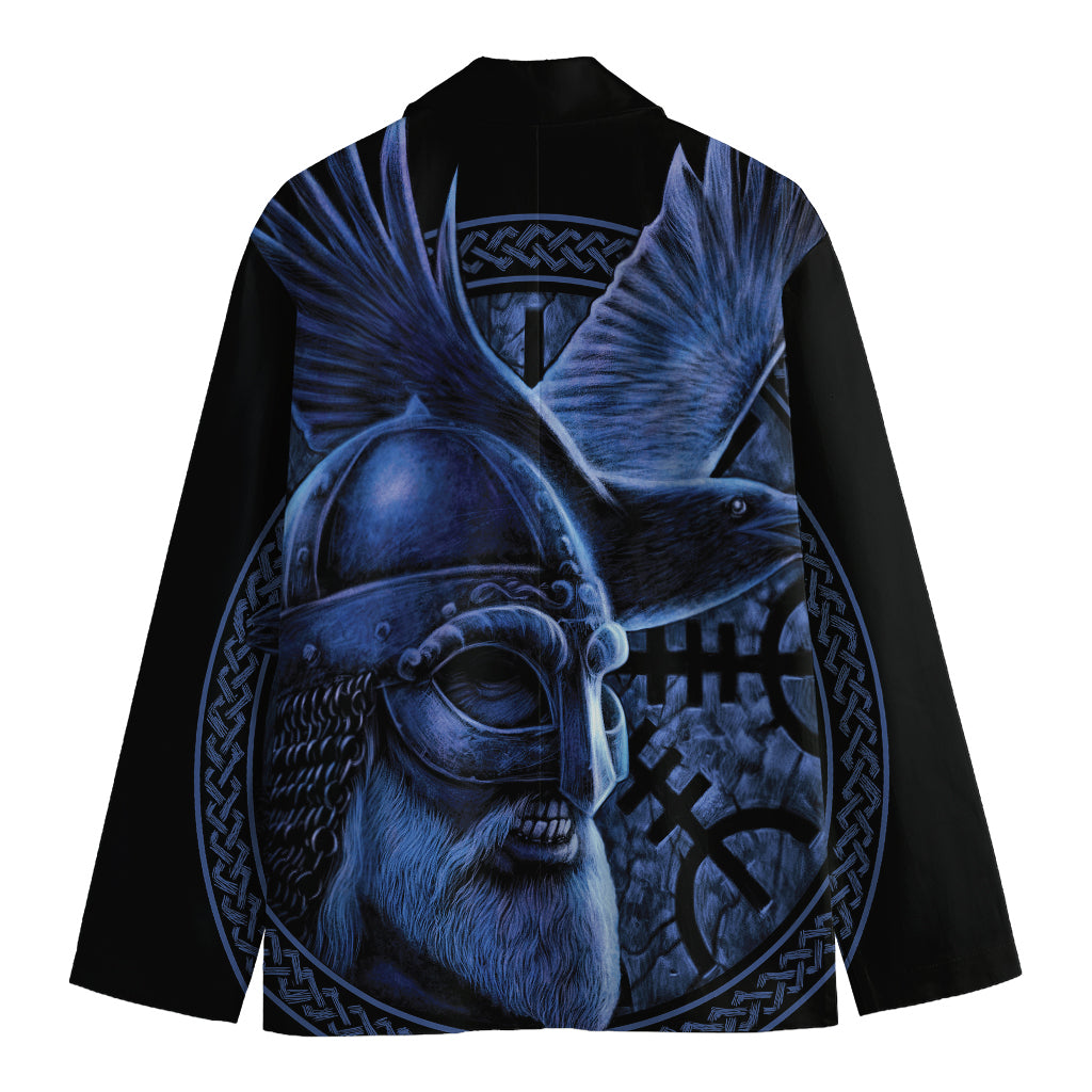 Blue Viking God Odin And Crow Print Men's Blazer